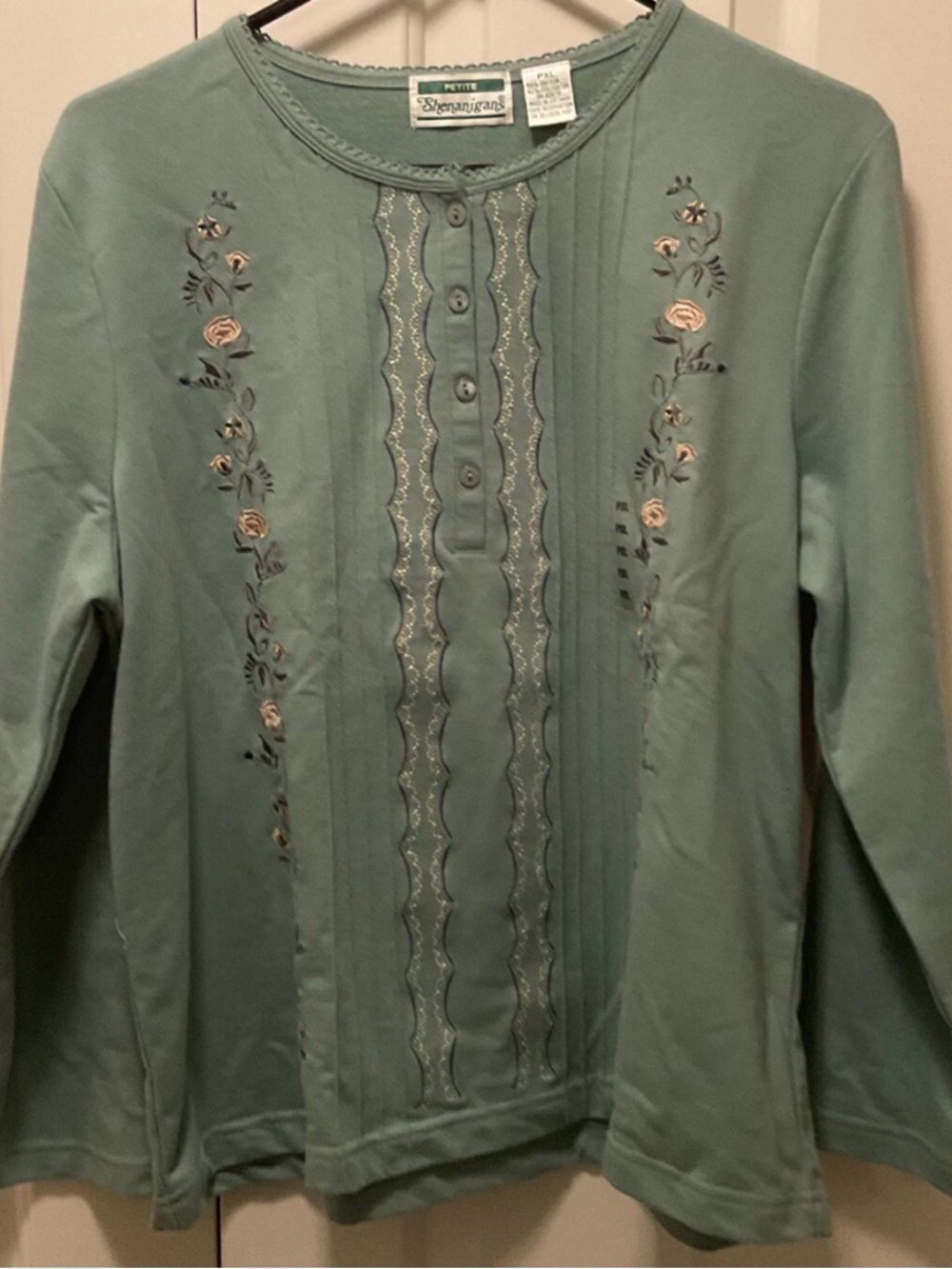 Shenanigans Women’s Sweater Top 1/4 Button Embroidered Mint Green PXL NWTs